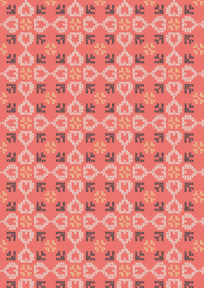 Lewis & Irene Folk Floral Fabric Collection Cross Stitch Hearts on Coral Premium 100% Cotton Quilt Shop Quality Fabrics