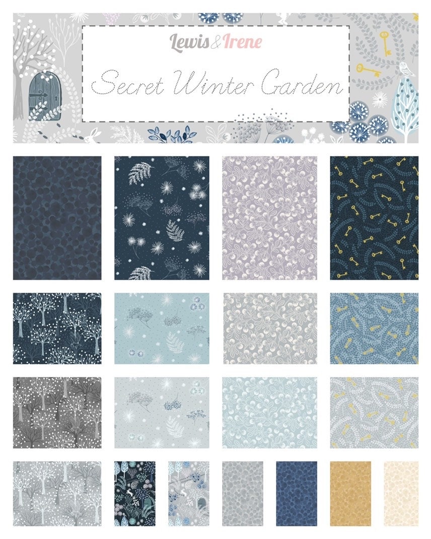 LAST BOLT!! Lewis & Irene Secret Winter Garden Fabric Collection Pearlescent Frosted Garden on Dark Blue Premium 100% Cotton Fabrics