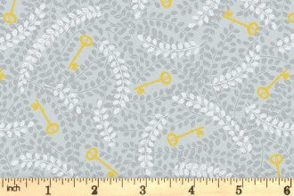 LAST BOLT!! Lewis & Irene Secret Winter Garden Fabric Collection Metallic Gold Keys on Grey Premium 100% Cotton Fabrics