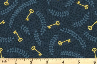 LAST BOLT!! Lewis & Irene Secret Winter Garden Fabric Collection Metallic Gold Keys on Dark Blue Premium 100% Cotton Fabrics