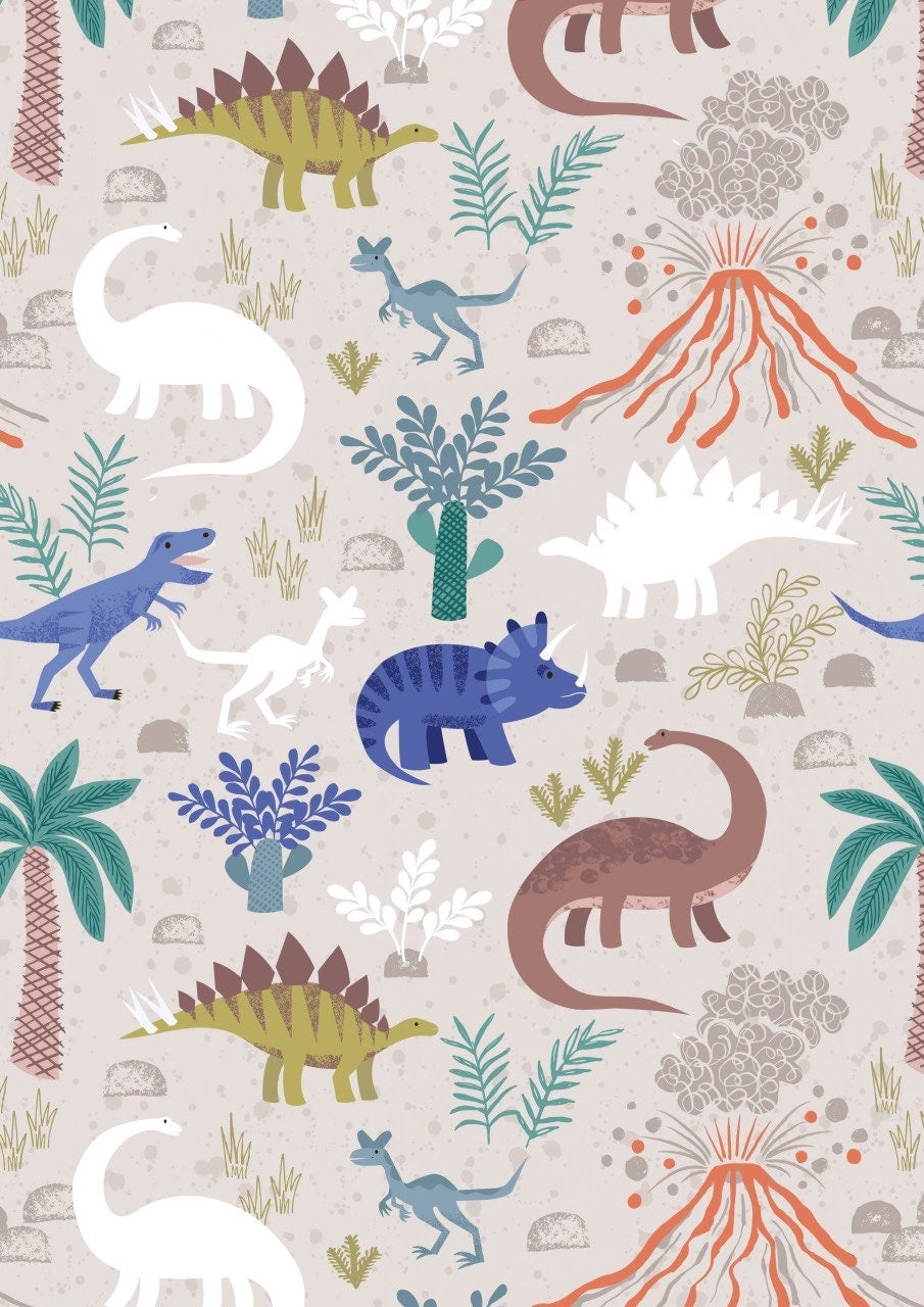 LAST BOLT! Glowing Fabrics Lewis & Irene Dino Glow Fabric Collection Dino Forest on Light Tan Premium 100% Cotton Quilt Shop Quality Fabrics