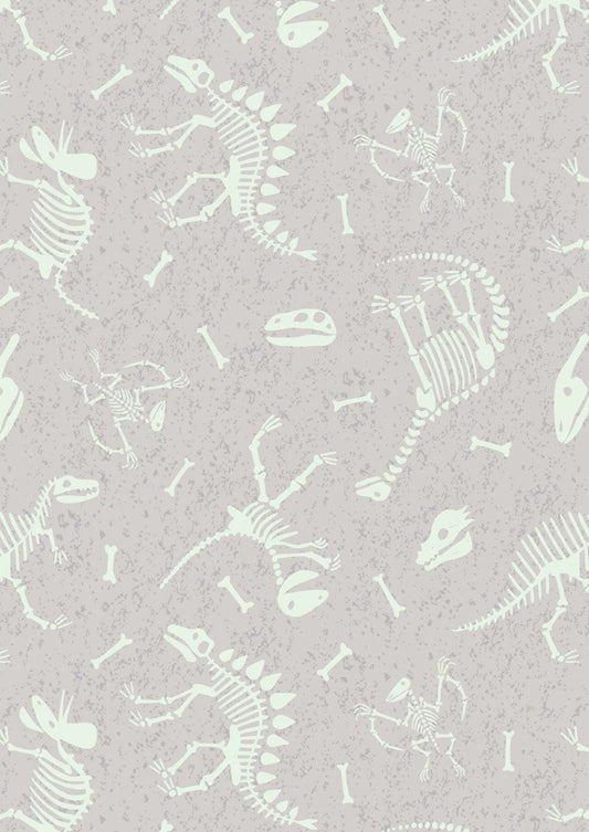 GLOWING FABRICS!! Lewis & Irene Dino Glow Fabric Collection Dino Bones on Light Grey Premium 100% Cotton Quilt Shop Quality Fabrics