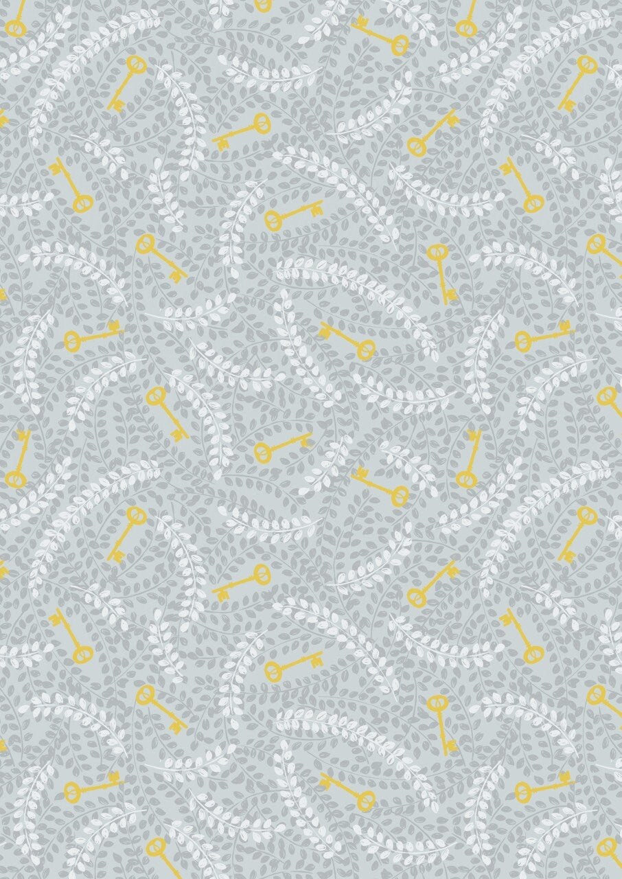 LAST BOLT!! Lewis & Irene Secret Winter Garden Fabric Collection Metallic Gold Keys on Grey Premium 100% Cotton Fabrics