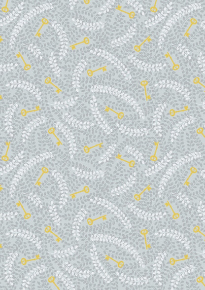 LAST BOLT!! Lewis & Irene Secret Winter Garden Fabric Collection Metallic Gold Keys on Grey Premium 100% Cotton Fabrics