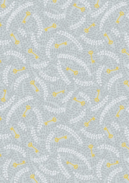 LAST BOLT!! Lewis & Irene Secret Winter Garden Fabric Collection Metallic Gold Keys on Grey Premium 100% Cotton Fabrics