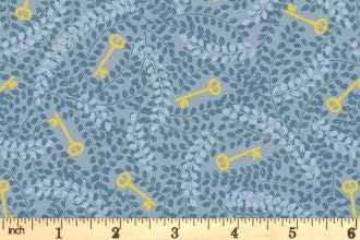 LAST BOLT!! Lewis & Irene Secret Winter Garden Fabric Collection Metallic Gold Keys on MidWinter Blue Premium 100% Cotton Fabrics