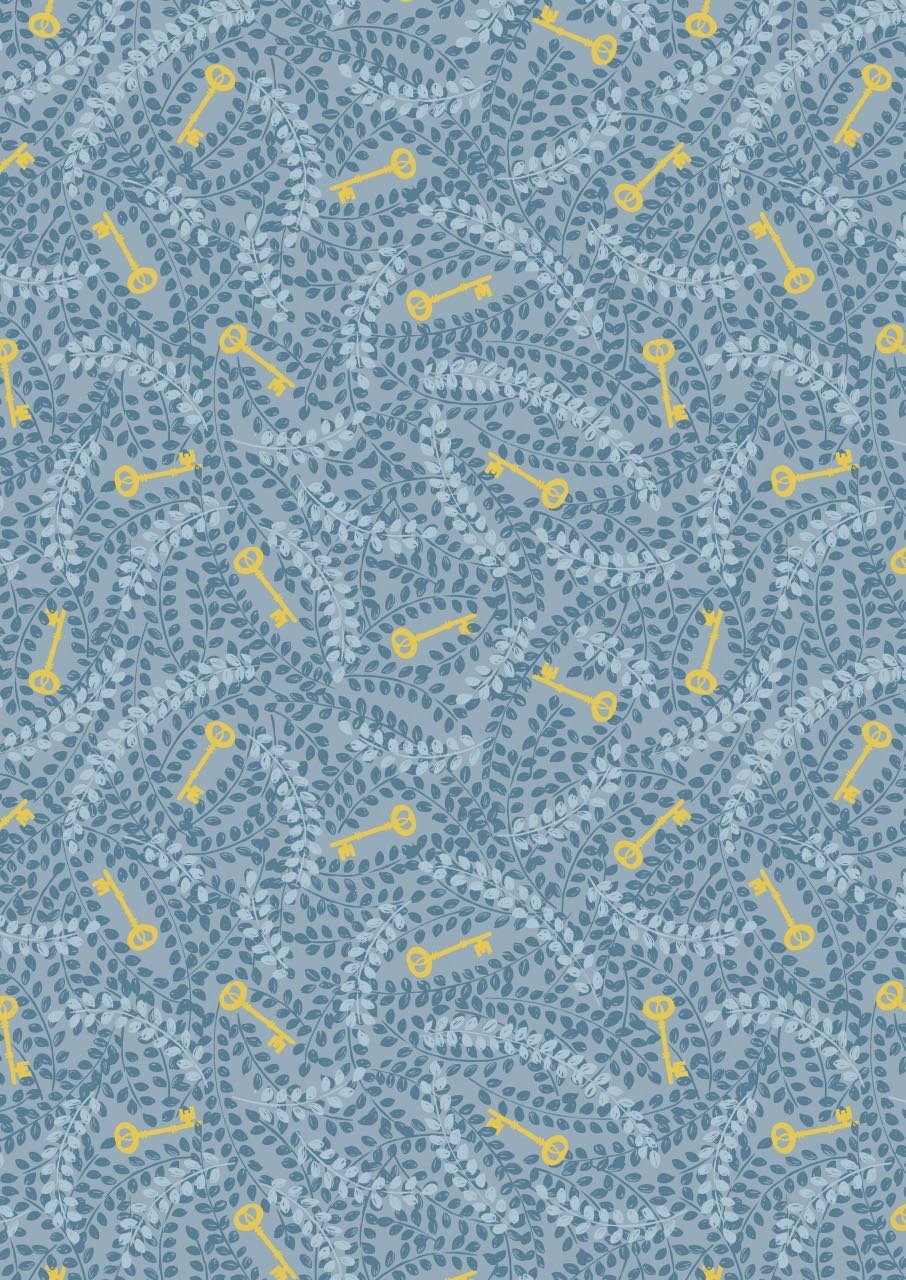 LAST BOLT!! Lewis & Irene Secret Winter Garden Fabric Collection Metallic Gold Keys on MidWinter Blue Premium 100% Cotton Fabrics