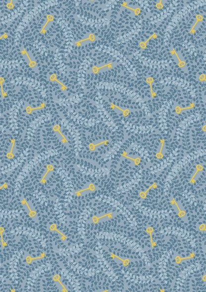 LAST BOLT!! Lewis & Irene Secret Winter Garden Fabric Collection Metallic Gold Keys on MidWinter Blue Premium 100% Cotton Fabrics