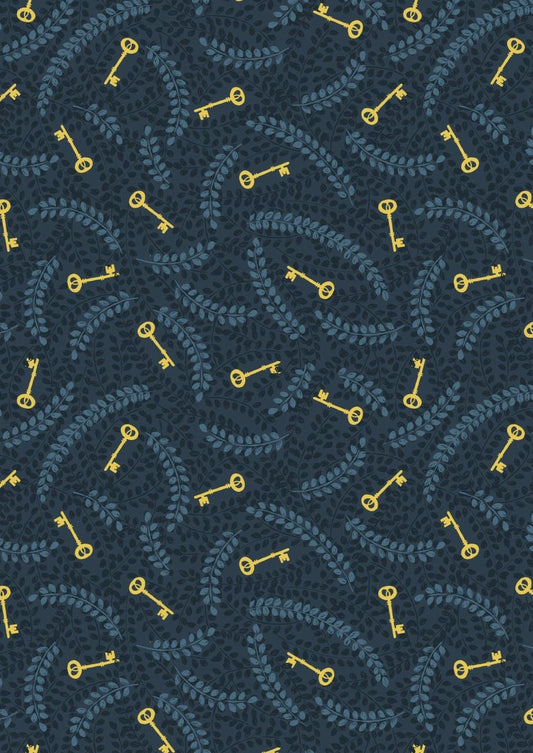 LAST BOLT!! Lewis & Irene Secret Winter Garden Fabric Collection Metallic Gold Keys on Dark Blue Premium 100% Cotton Fabrics