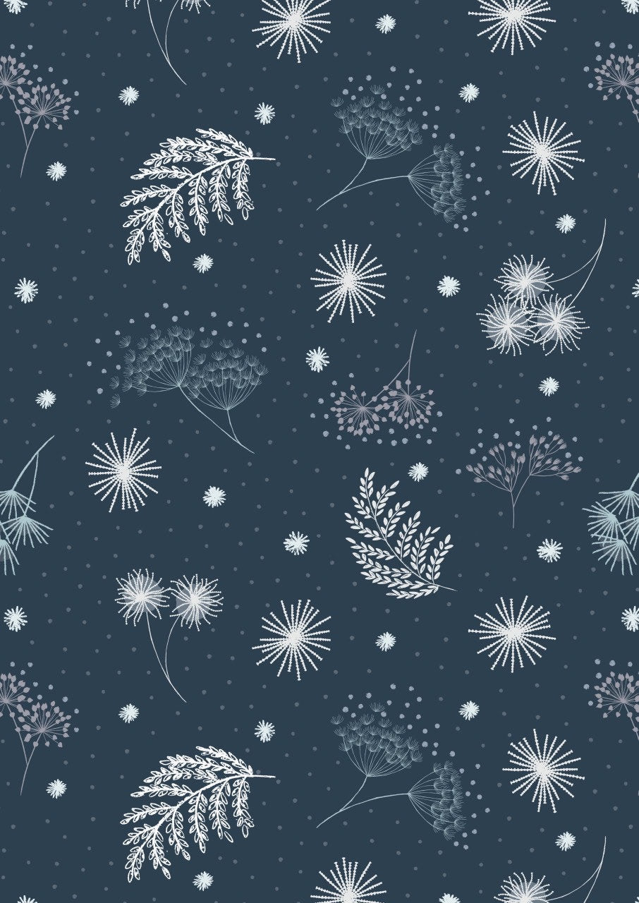 LAST BOLT!! Lewis & Irene Secret Winter Garden Fabric Collection Pearlescent Frosted Garden on Dark Blue Premium 100% Cotton Fabrics