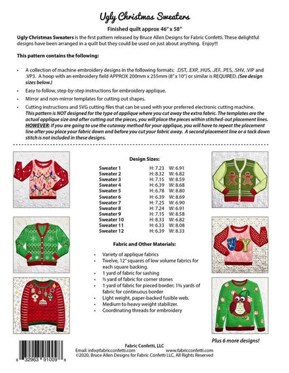 Fabric Confetti & Bruce Allen Designs Ugly Christmas Sweater Quilt Machine Embroidery CD Finished Size: 46"x58" (BONUS SVG Files)