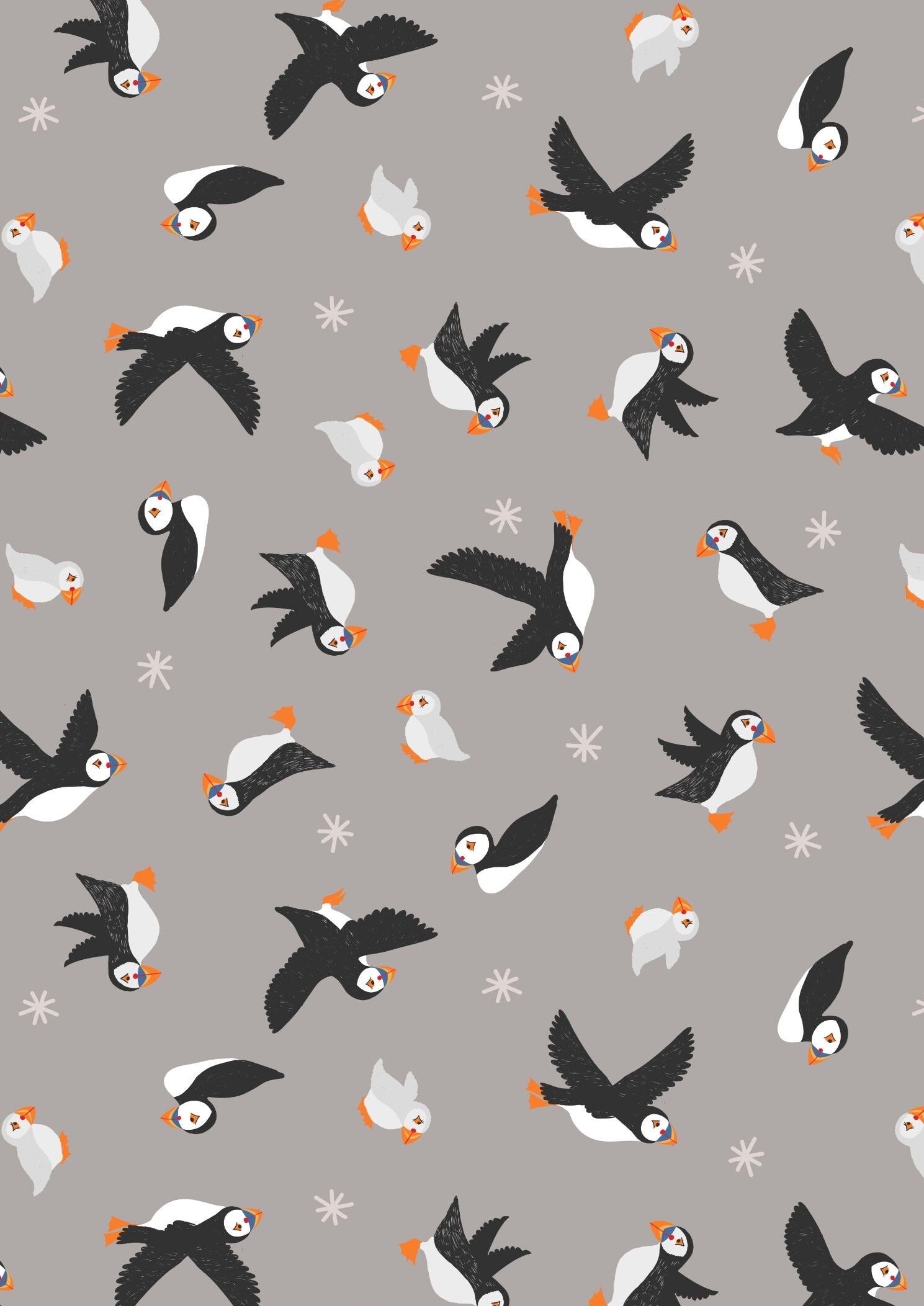 Lewis & Irene Puffin Bay Fabric Collection Puffins on Warm Grey Premium 100% Cotton Quilt Shop Quality Fabrics