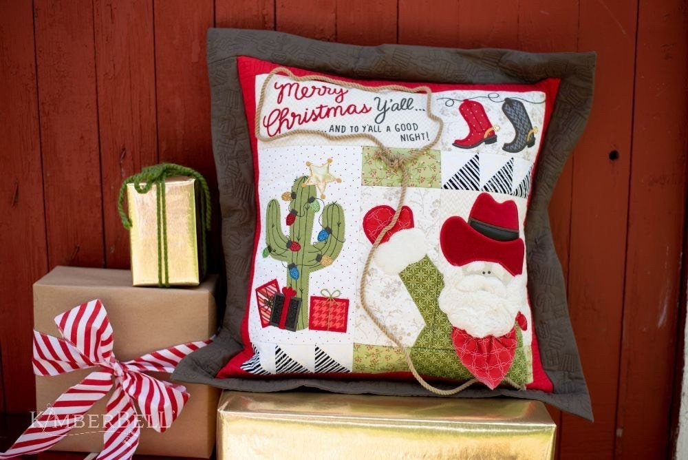 Kimberbell Merry Christmas Y'all 22"x22" Pillow Fabric & Embellishment Kit (Optional Pillow Insert Sold Separately)