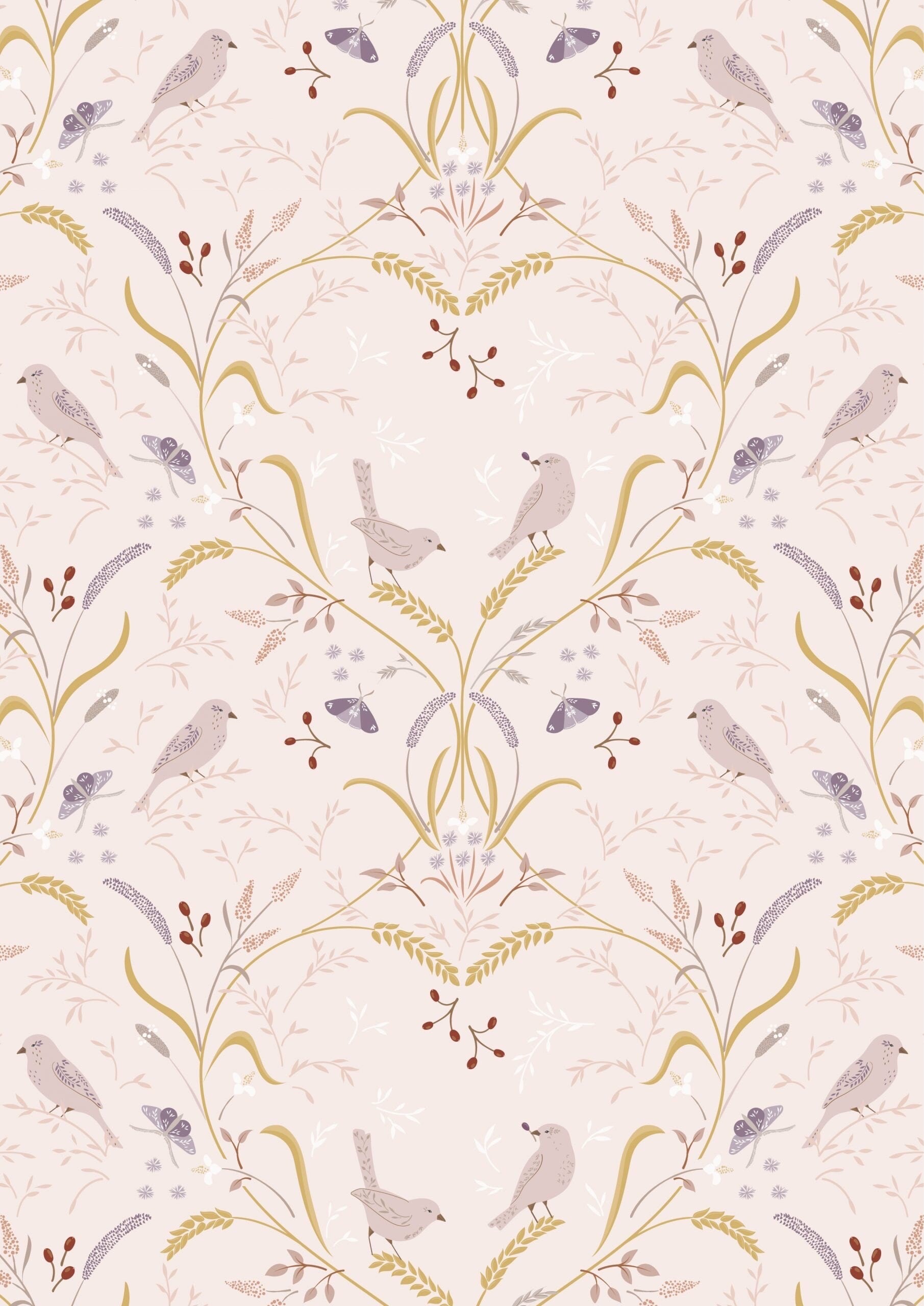 Lewis & Irene Meadowside Fabric Collection Bird By Bird on Ecru Pink Premium 100% Cotton Quilt Shop Quality Fabrics