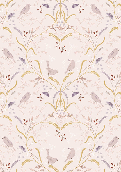 Lewis & Irene Meadowside Fabric Collection Bird By Bird on Ecru Pink Premium 100% Cotton Quilt Shop Quality Fabrics