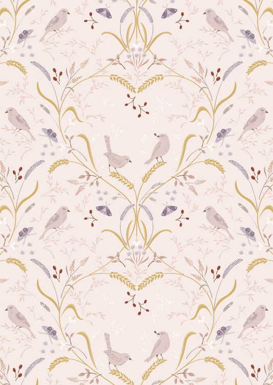 Lewis & Irene Meadowside Fabric Collection Bird By Bird on Ecru Pink Premium 100% Cotton Quilt Shop Quality Fabrics