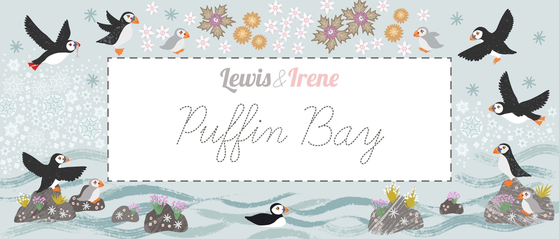 Lewis & Irene Puffin Bay Fabric Collection Puffins on Warm Grey Premium 100% Cotton Quilt Shop Quality Fabrics