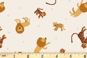 Lewis & Irene Small Things Wild Animals Fabric Collection Lions and Tigers on Cream Premium 100% Cotton Quilt Shop Quality Fabrics