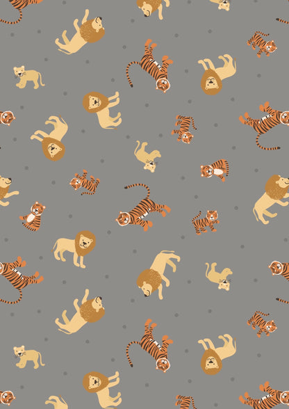 Lewis & Irene Small Things Wild Animals Fabric Collection Lions and Tigers on Grey Premium 100% Cotton Quilt Shop Quality Fabrics