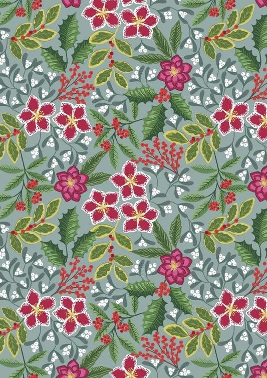 LAST BOLT! Lewis & Irene Noel Fabric Collection Christmas Metallic Gold Floral on Slate Blue Premium 100% Cotton Fabrics