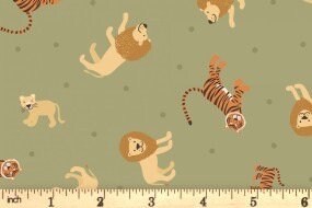 Lewis & Irene Small Things Wild Animals Fabric Collection Lions and Tigers on Green Premium 100% Cotton Quilt Shop Quality Fabrics