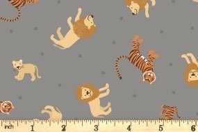 Lewis & Irene Small Things Wild Animals Fabric Collection Lions and Tigers on Grey Premium 100% Cotton Quilt Shop Quality Fabrics