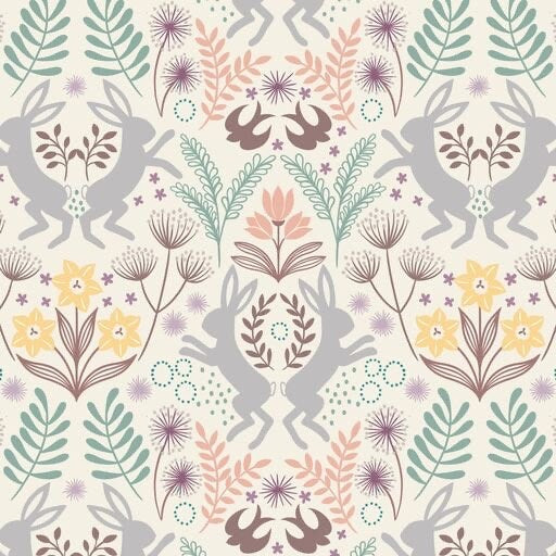 Lewis & Irene Spring Hare Reloved Fabric Collection Springtime on Cream Premium 100% Cotton Quilt Shop Quality Fabrics