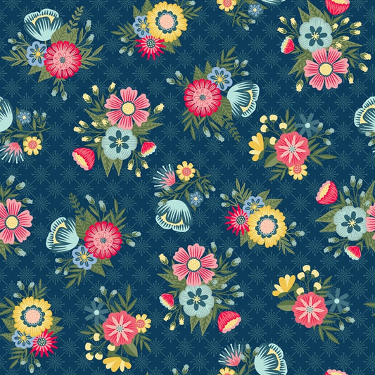 Maywood Studio Kimberbell Vintage Flora Fabric Collection Lattice Floral on Dark Blue Premium 100% Cotton Quilt Shop Quality Fabrics