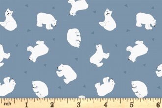 LAST BOLT! Lewis & Irene Small Things Polar Animals Fabric Collection Pearlescent Polar Bears on LT Denim Premium 100% Cotton Fabric