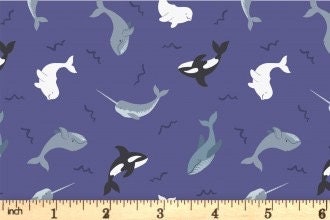 Lewis & Irene Small Things Polar Animals Fabric Collection Pearlescent Whales on Indigo Blue Premium 100% Cotton Quilt Shop Quality Fabrics