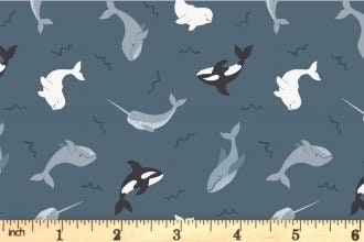 Lewis & Irene Small Things Polar Animals Fabric Collection Pearlescent Whales on DK Ocean Premium 100% Cotton Quilt Shop Quality Fabrics