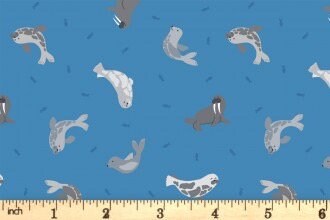 LAST BOLT!! Lewis & Irene Small Things Polar Animals Fabric Collection Pearlescent Seals on Surf Blue Premium 100% Cotton Fabrics