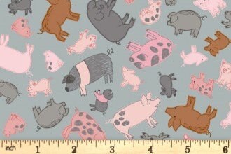 LAST BOLT! Lewis & Irene Piggy Tails Fabric Collection Piggies on Grey Premium 100% Cotton Quilt Shop Quality Fabrics