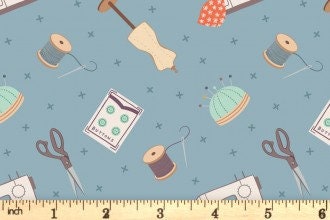 LAST BOLT!! Lewis & Irene Small Things Crafts Fabric Collection Dressmaking on Grey Blue Premium 100% Cotton Quilt Shop Quality Fabrics