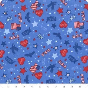 Lewis & Irene Americana Fabric Collection USA Motifs on Mid Blue Premium 100% Cotton Quilt Shop Quality Fabrics