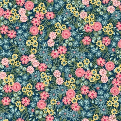 Maywood Studio Kimberbell Vintage Flora Fabric Collection Ground Cover Floral on Dark Blue Premium 100% Cotton Quilt Shop Quality Fabrics