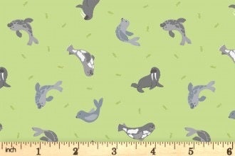 Lewis & Irene Small Things Polar Animals Fabric Collection Pearlescent Seals on Iced Lime Premium 100% Cotton Quilt Shop Quality Fabrics