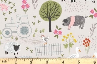 LAST BOLT! Lewis & Irene Piggy Tails Fabric Collection Farmyard on MidGrey Premium 100% Cotton Quilt Shop Quality Fabrics