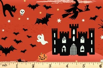 LAST BOLT!! Glowing Fabrics Lewis & Irene Castle Spooky Fabric Collection Glowing Castle Spooky on Orange Premium 100% Cotton Fabrics