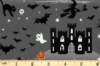 GLOWING FABRICS!! Lewis & Irene Castle Spooky Fabric Collection Glowing Castle Spooky on Grey Premium 100% Cotton Fabrics