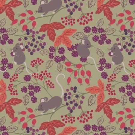 LAST BOLT! Lewis & Irene Autumn Fields Reloved Fabric Collection Mice With Berries on Country Green Premium 100% Cotton Fabrics