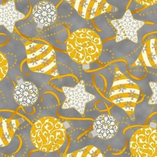 LAST BOLT! Quilting Treasures Celebrate The Season Fabric Collection Metallic Gold Ornaments on Grey Premium 100% Cotton Fabrics