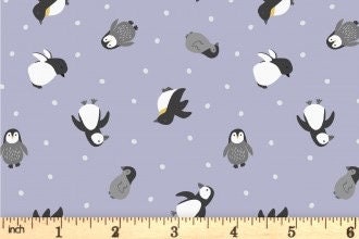 Lewis & Irene Small Things Polar Animals Fabric Collection Pearlescent Penguins on Iced Lilac Premium 100% Cotton Quilt Shop Quality Fabrics