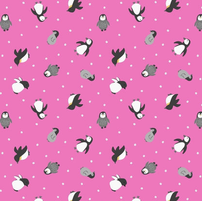 Lewis & Irene Small Things Polar Animals Fabric Collection Pearlescent Penguins on Aurora Pink Premium 100% Cotton Fabrics