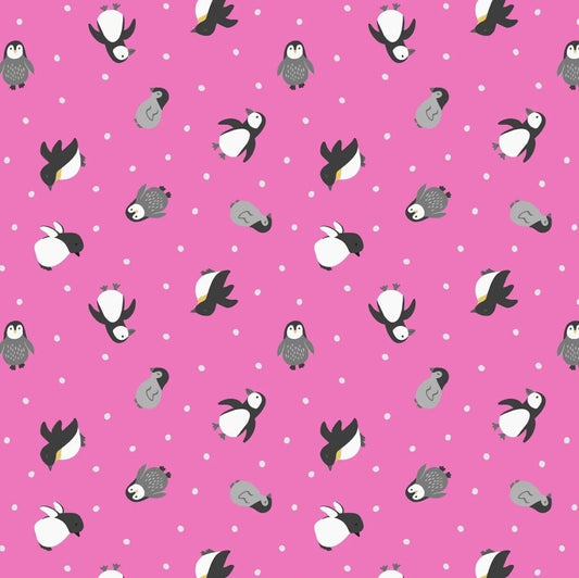 Lewis & Irene Small Things Polar Animals Fabric Collection Pearlescent Penguins on Aurora Pink Premium 100% Cotton Fabrics