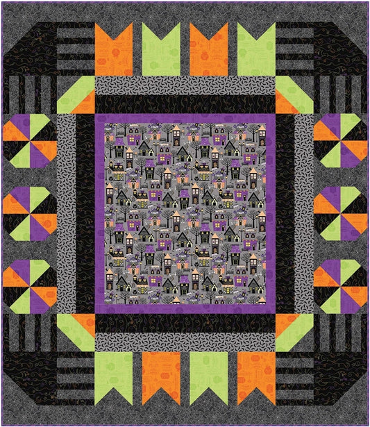 LAST RESTOCK! Maywood Studio Kimberbell Hometown Halloween Fabric Collection Town Square Quilt Kit Finished Size: 58"x67"