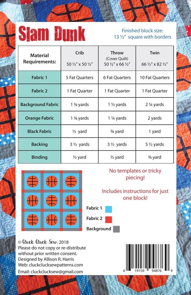 Cluck Cluck Sew Slam Dunk Quilt Pattern (3 Size Variations Per Pattern)