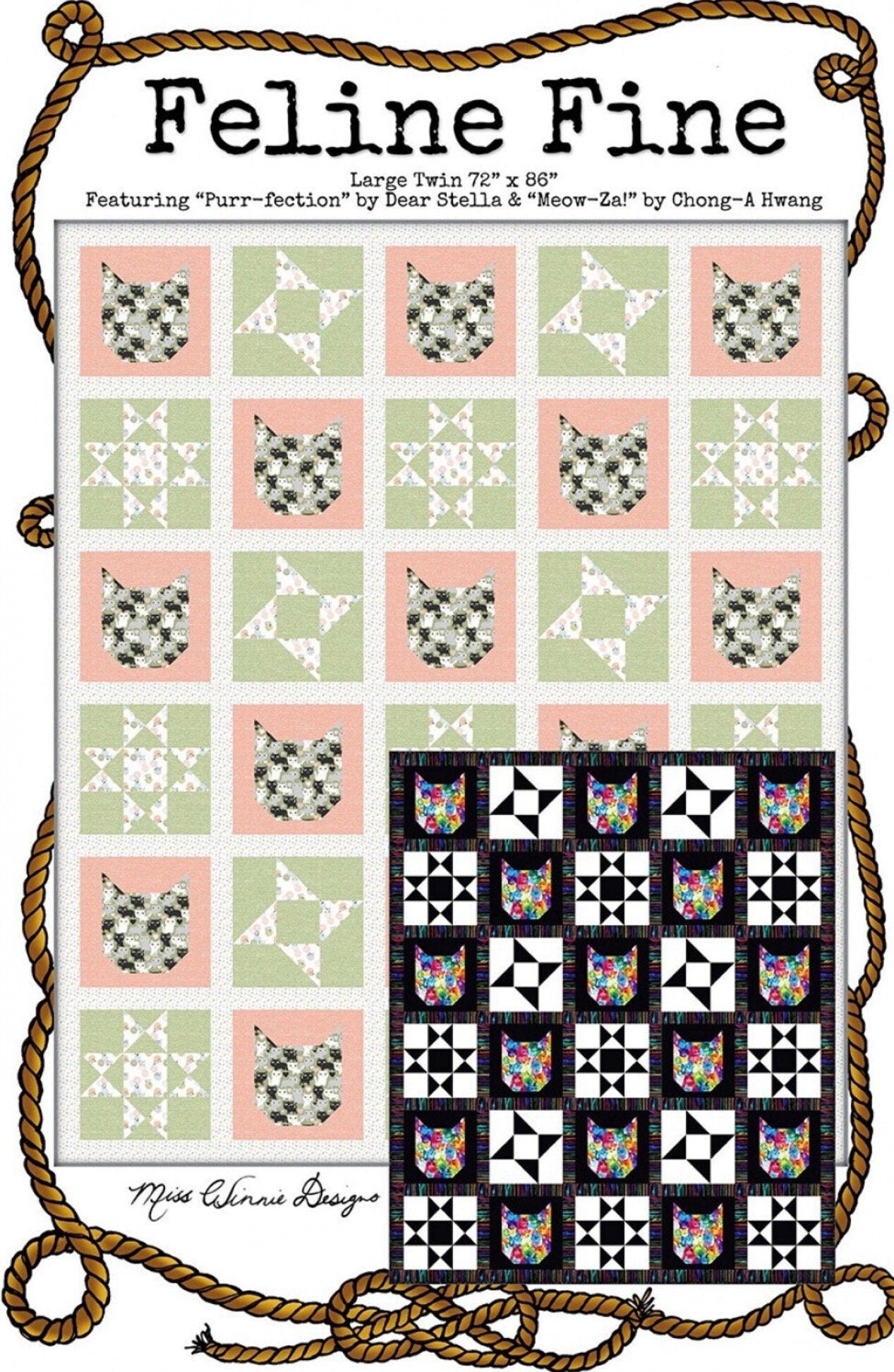 Miss Winnie Designs Feline Fine Quilt Pattern Finished Size: 72"x86"