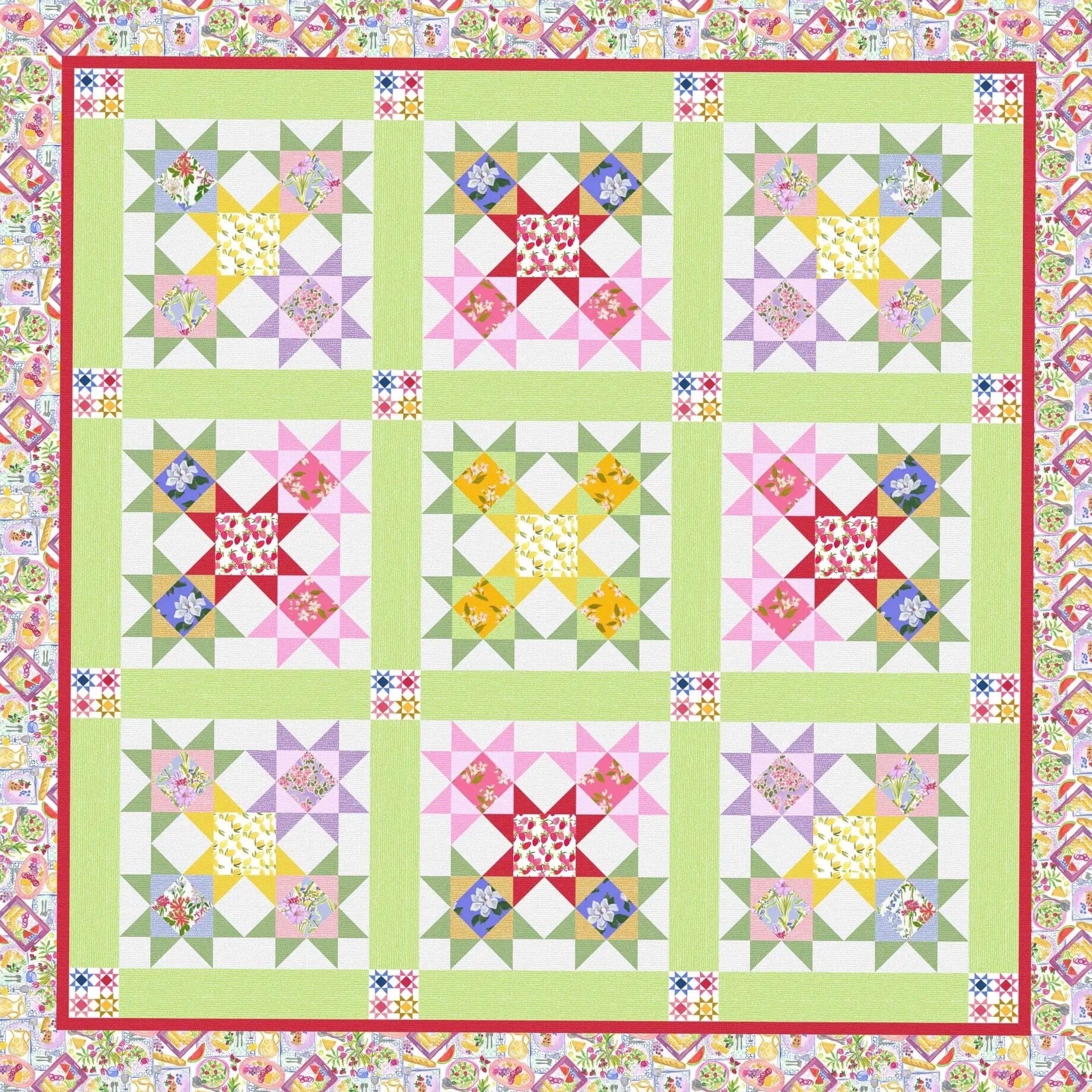 Tourmaline & Thyme Star of the Picnic Quilt Pattern Finished Size: 90"x90"