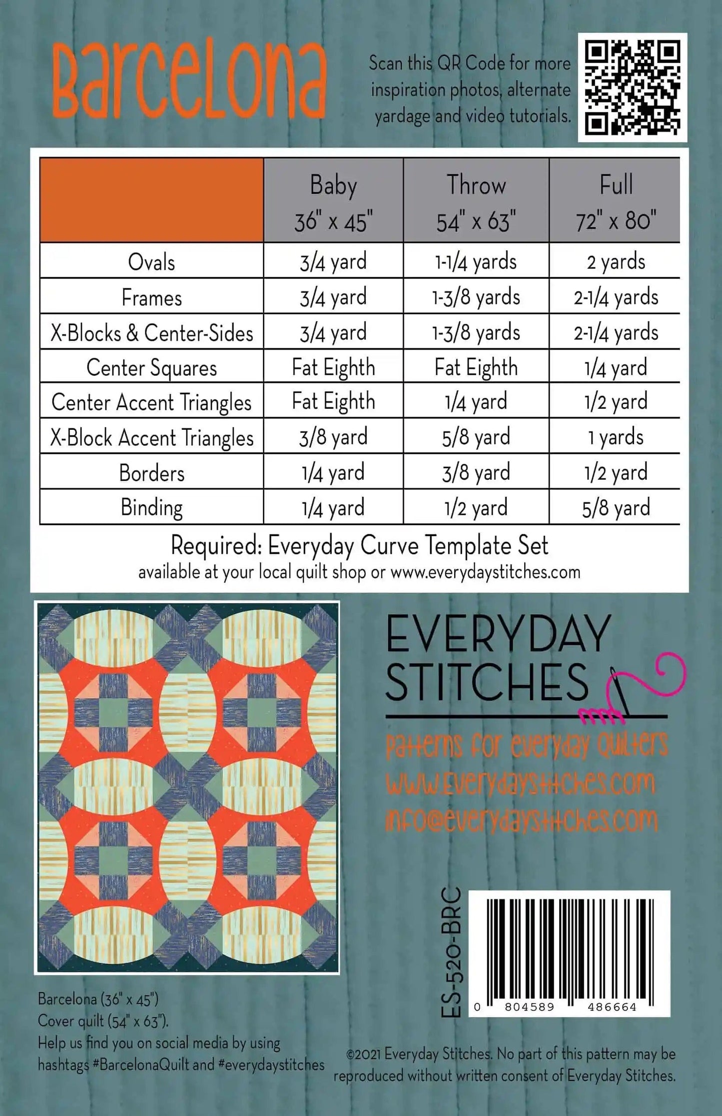 Everyday Stitches Barcelona Quilt Pattern - Optional Acrylic Everyday Curve Ruler (3 Size Variations Per Pattern)